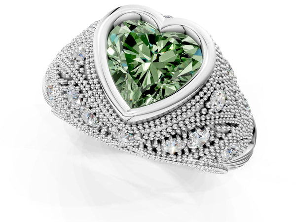 Sterling Silver Heart-Shaped Vintage Bezel Engagement Ring Setting for Fancy Green Center