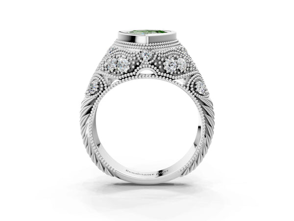 Sterling Silver Heart-Shaped Vintage Bezel Engagement Ring Setting for Fancy Green Center