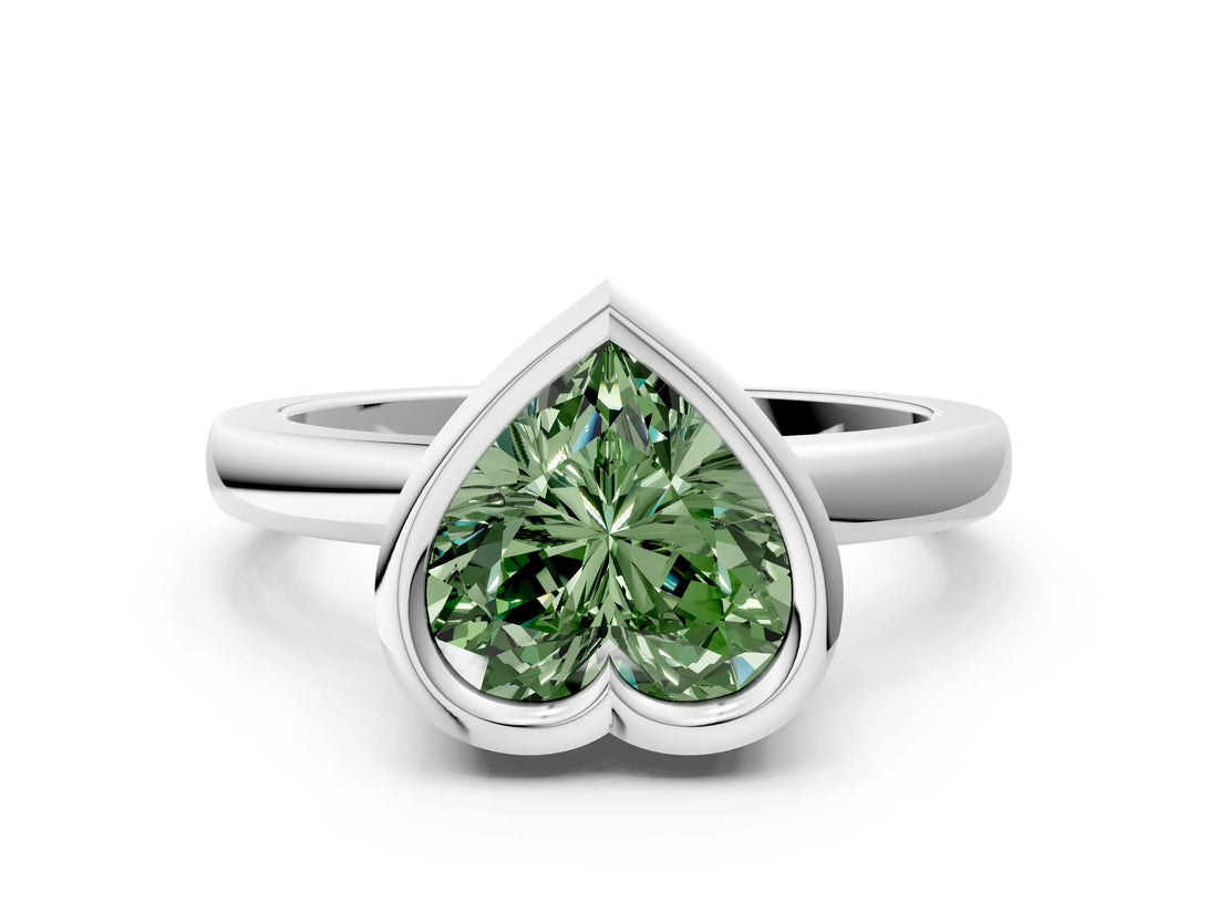 Silver Bezel Set Fancy Green Heart Cut Solitaire Engagement Ring with Classic Band_6
