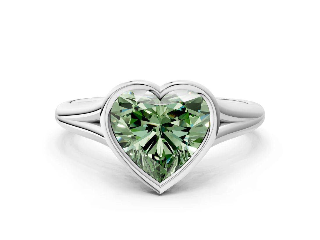 Silver Bezel Set Fancy Green Heart  Cut Solitaire Ring with Tapered Band