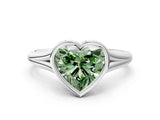 Silver Bezel Set Fancy Green Heart  Cut Solitaire Ring with Tapered Band