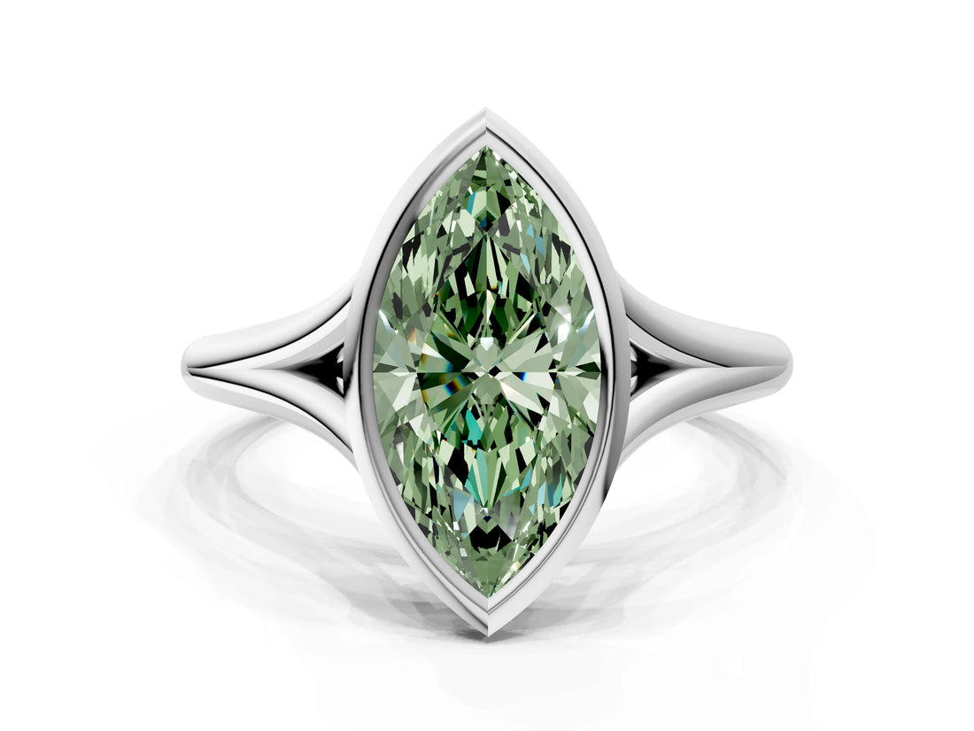 Silver Bezel Set Fancy Green Marquise  Cut Solitaire Ring with Tapered Band