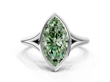 Silver Bezel Set Fancy Green Marquise  Cut Solitaire Ring with Tapered Band