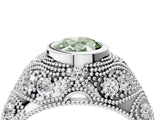 Silver Bezel Set Fancy Green Oval Cut Diamond Milgrain Band Ring_10
