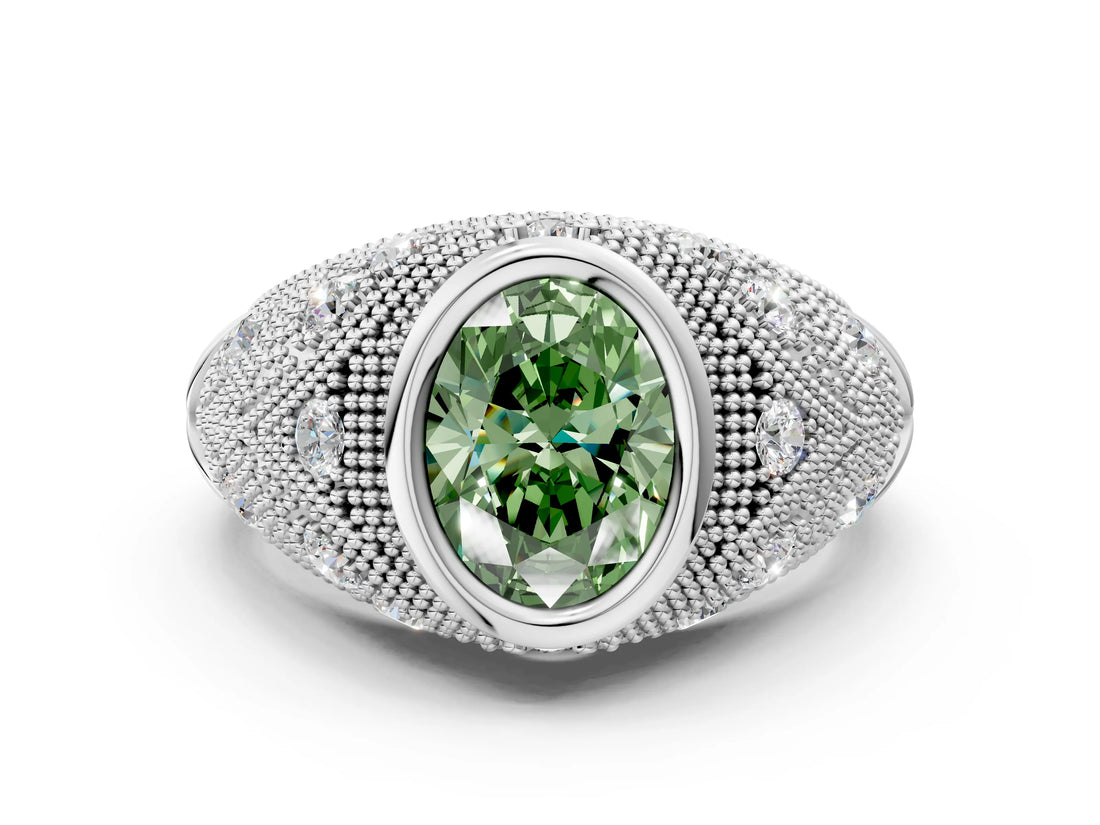 Silver Bezel Set Fancy Green Oval Cut Diamond Milgrain Band Ring_6