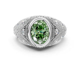 Silver Bezel Set Fancy Green Oval Cut Diamond Milgrain Band Ring_6
