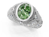 Silver Bezel Set Fancy Green Oval Cut Diamond Milgrain Band Ring_7