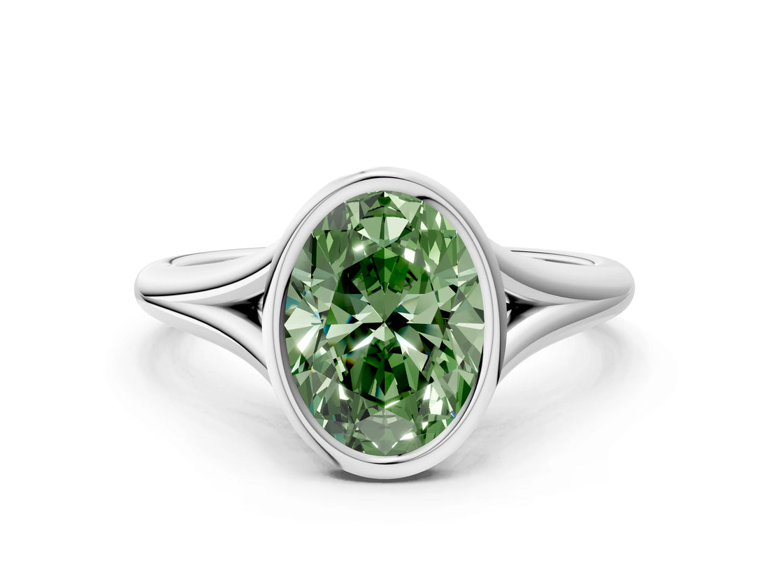 Silver Bezel Set Fancy Green Oval  Cut Solitaire Ring with Tapered Band 2