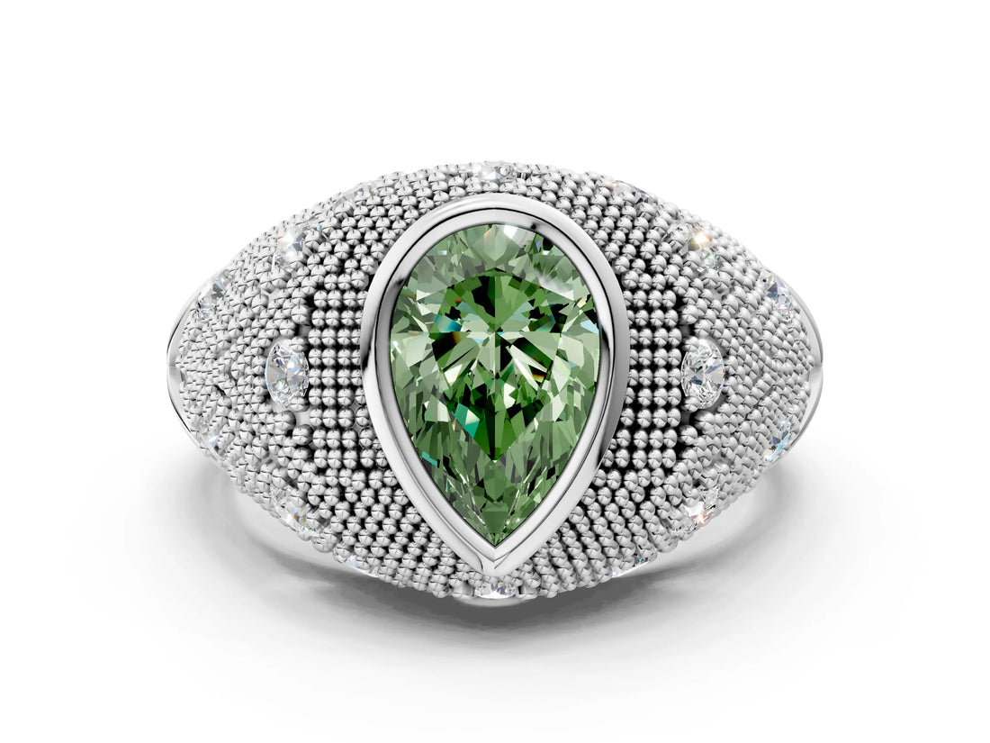 Silver Bezel Set Fancy Green Pear Cut Diamond Milgrain Band Ring_6