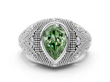 Silver Bezel Set Fancy Green Pear Cut Diamond Milgrain Band Ring_6