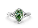 Silver Bezel Set Fancy Green Pear  Cut Solitaire Ring with Tapered Band 1