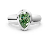 Silver Bezel Set Fancy Green Pear  Solitaire Ring with Wide Band 1