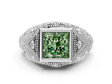 Silver Bezel Set Fancy Green Princess Cut Diamond Milgrain Band Ring_6