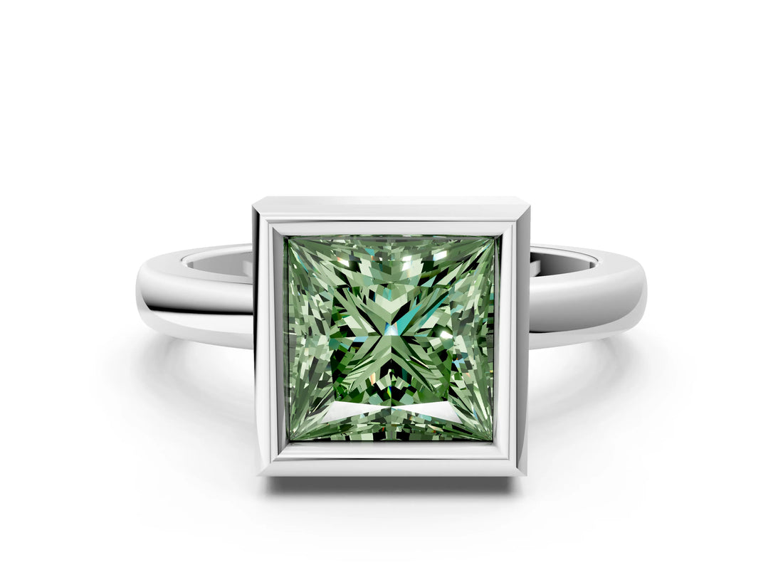 Silver Bezel Set Fancy Green Princess Cut Solitaire Engagement Ring with Classic Band_6