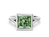 Silver Bezel Set Fancy Green Princess  Cut Solitaire Ring with Tapered Band