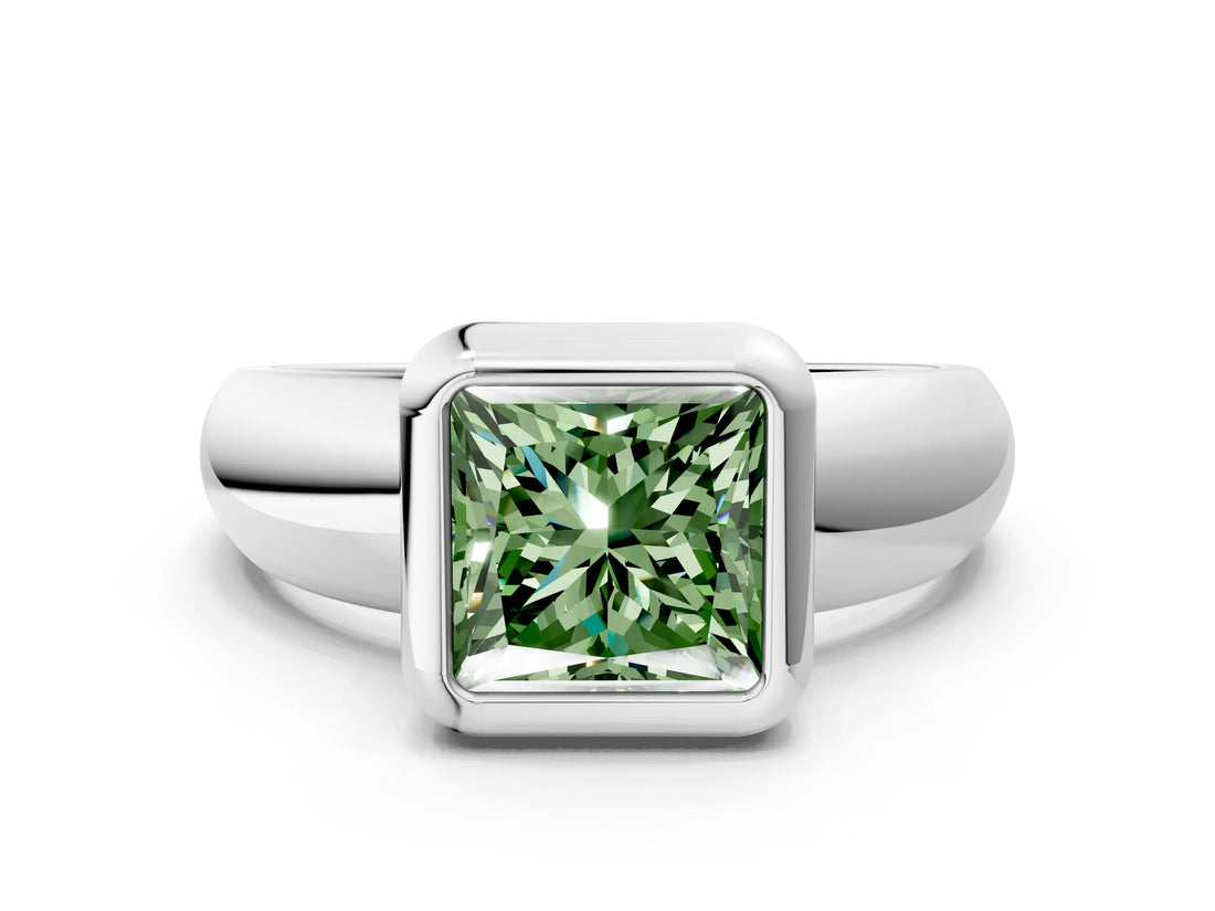 Silver Bezel Set Fancy Green Princess  Solitaire Ring with Wide Band 1