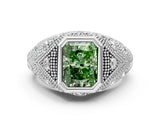 Silver Bezel Set Fancy Green Radiant Cut Diamond Milgrain Band Ring_6