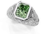 Silver Bezel Set Fancy Green Radiant Cut Diamond Milgrain Band Ring_7