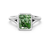 Silver Bezel Set Fancy Green Radiant  Cut Solitaire Ring with Tapered Band 1