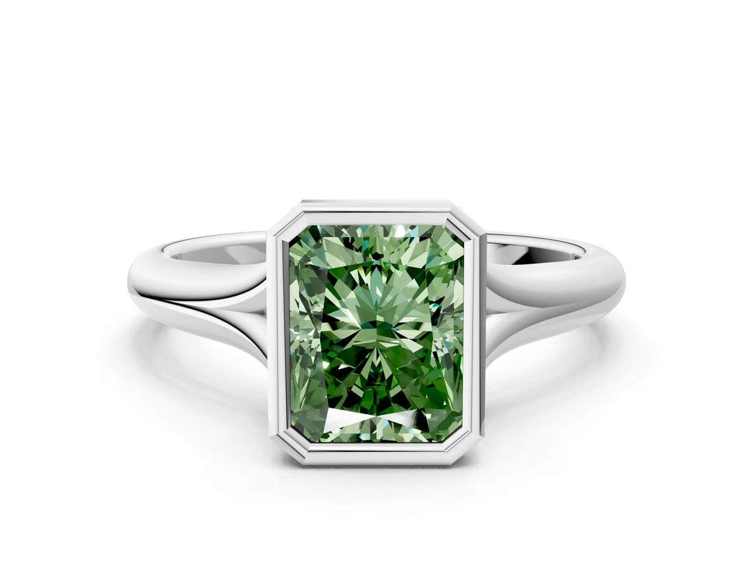 Silver Bezel Set Fancy Green Radiant  Solitaire Diamond Ring with Smooth Band 1