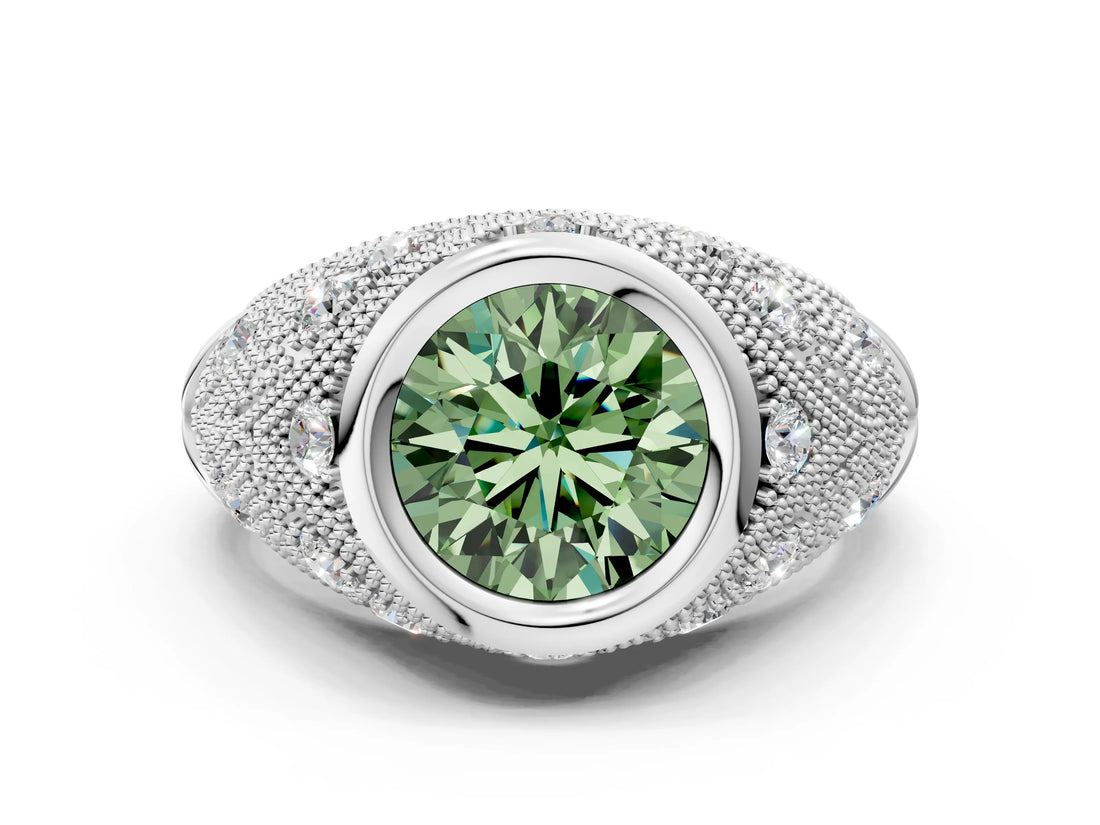 Silver Bezel Set Fancy Green Round Cut Diamond Milgrain Band Ring_12
