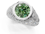 Silver Bezel Set Fancy Green Round Cut Diamond Milgrain Band Ring_13