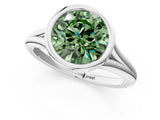 Silver Bezel Set Fancy Green Round  Cut Solitaire Ring with Tapered Band 1