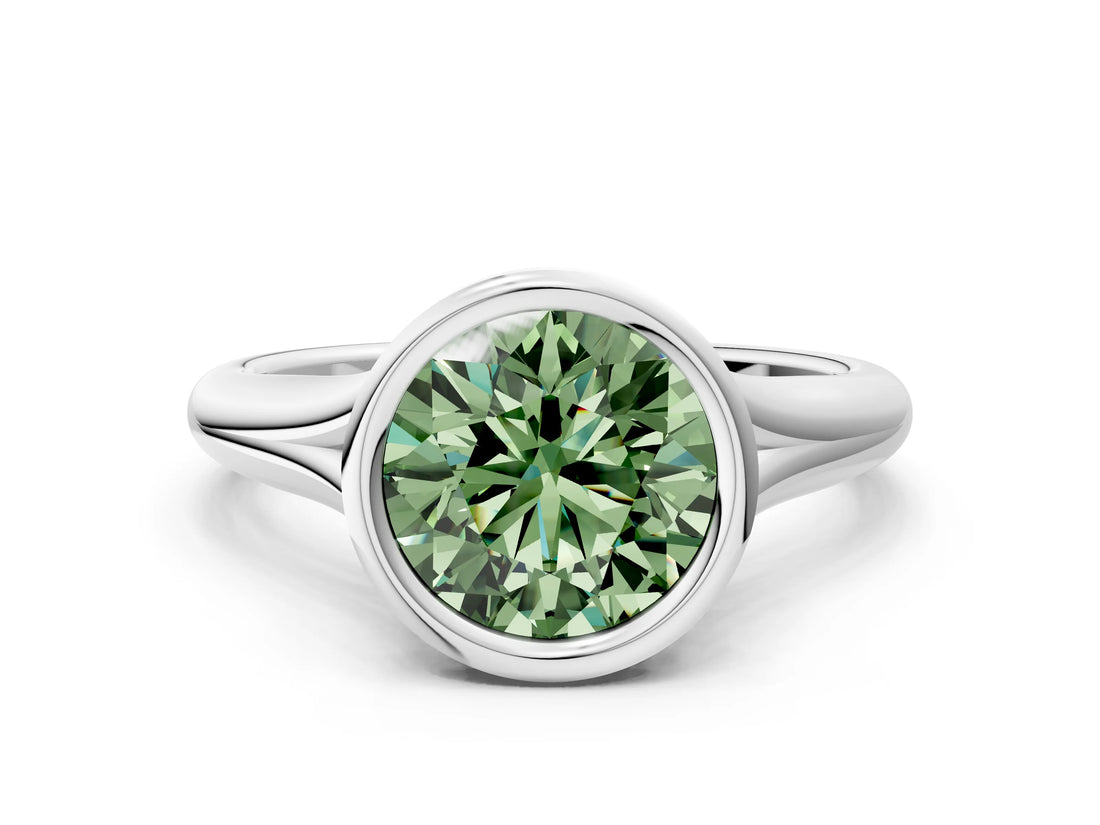 Silver Bezel Set Fancy Green Round  Solitaire Diamond Ring with Smooth Band 1