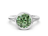 Silver Bezel Set Fancy Green Round  Solitaire Diamond Ring with Smooth Band 1