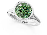 Silver Bezel Set Fancy Green Round  Solitaire Diamond Ring with Smooth Band 2