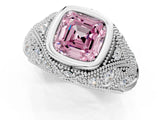 Silver Bezel Set Fancy Pink Asscher Cut Diamond Milgrain Band Ring_13
