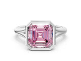 Silver Bezel Set Fancy Pink Asscher  Solitaire Diamond Ring with Smooth Band