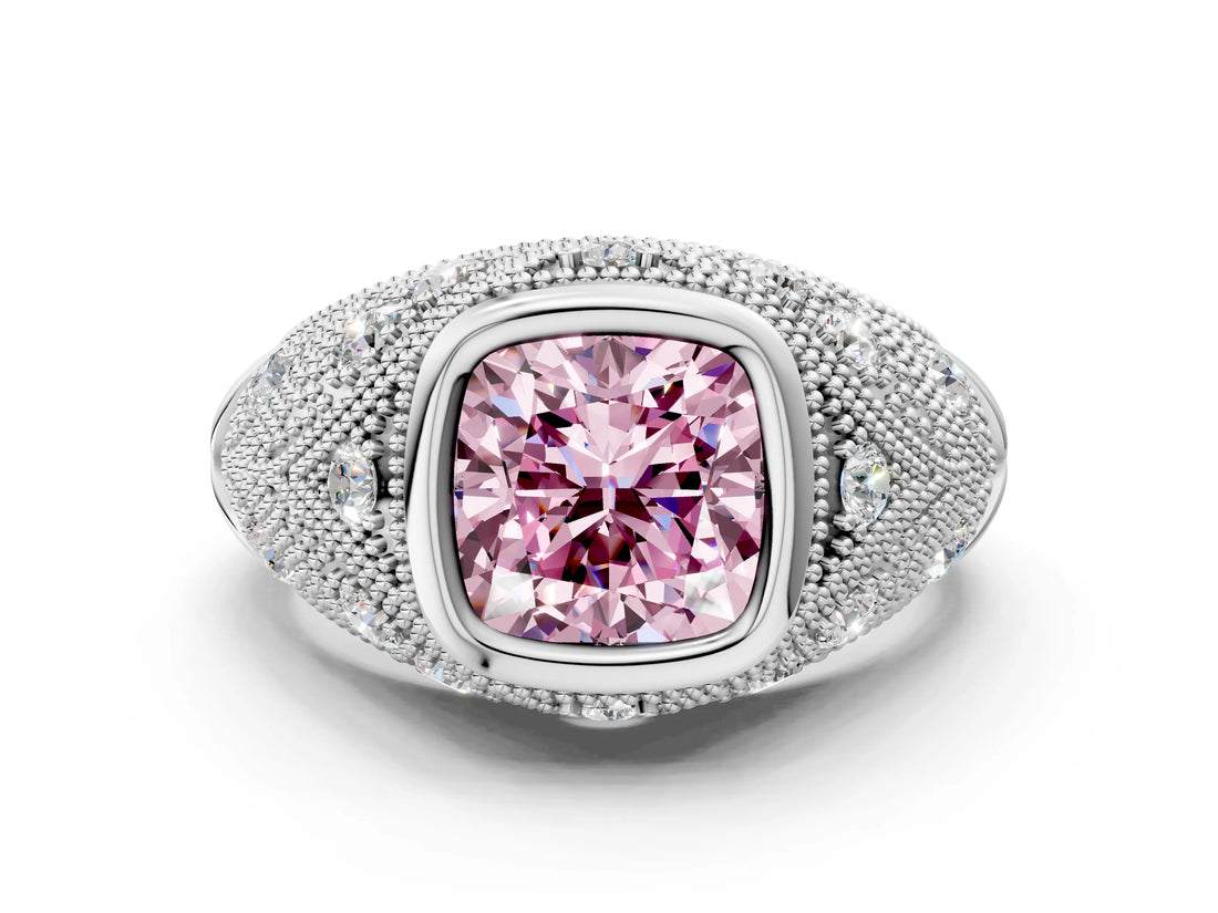 Silver Bezel Set Fancy Pink Cushion Cut Diamond Milgrain Band Ring_12