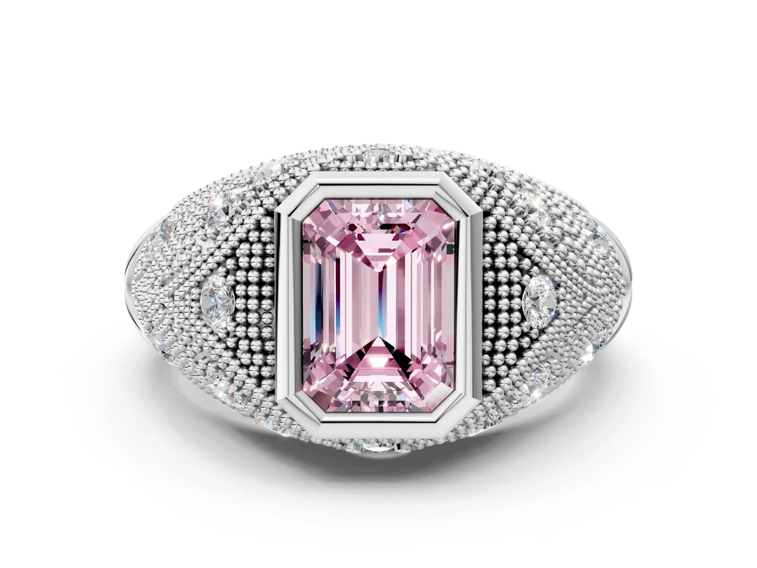 Silver Bezel Set Fancy Pink Emerald Cut Diamond Milgrain Band Ring_6