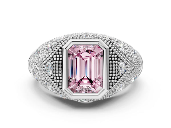 Sterling Silver Emerald Cut Vintage Bezel Engagement Ring Setting for Fancy Pink Center
