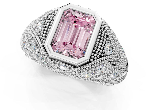 Sterling Silver Emerald Cut Vintage Bezel Engagement Ring Setting for Fancy Pink Center