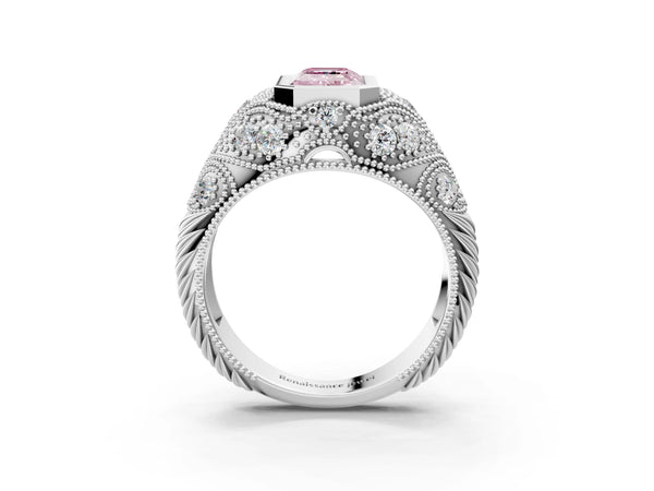 Sterling Silver Emerald Cut Vintage Bezel Engagement Ring Setting for Fancy Pink Center
