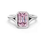 Silver Bezel Set Fancy Pink Emerald  Cut Solitaire Ring with Tapered Band