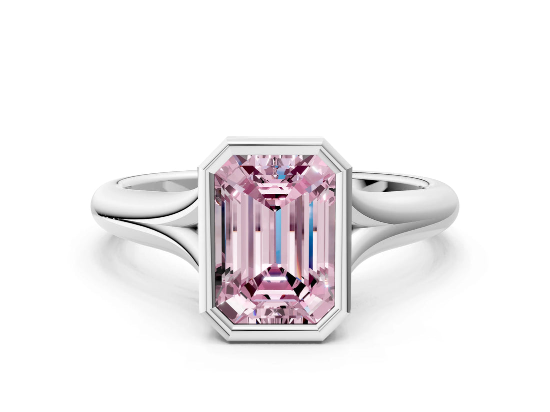 Silver Bezel Set Fancy Pink Emerald  Solitaire Diamond Ring with Smooth Band 1