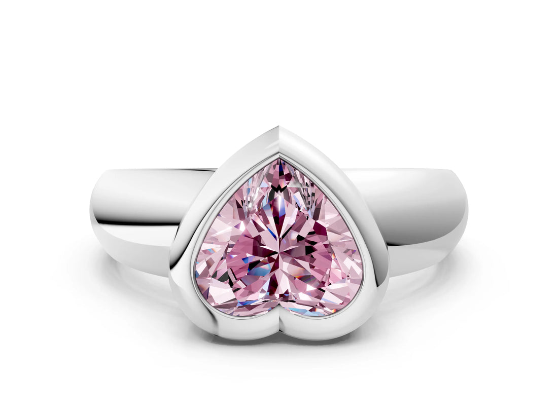 Silver Bezel Set Fancy Pink Heart  Solitaire Ring with Wide Band
