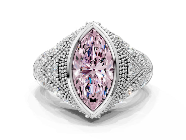 Sterling Silver Marquise Vintage Bezel Engagement Ring Setting for Fancy Pink Center with Milgrain