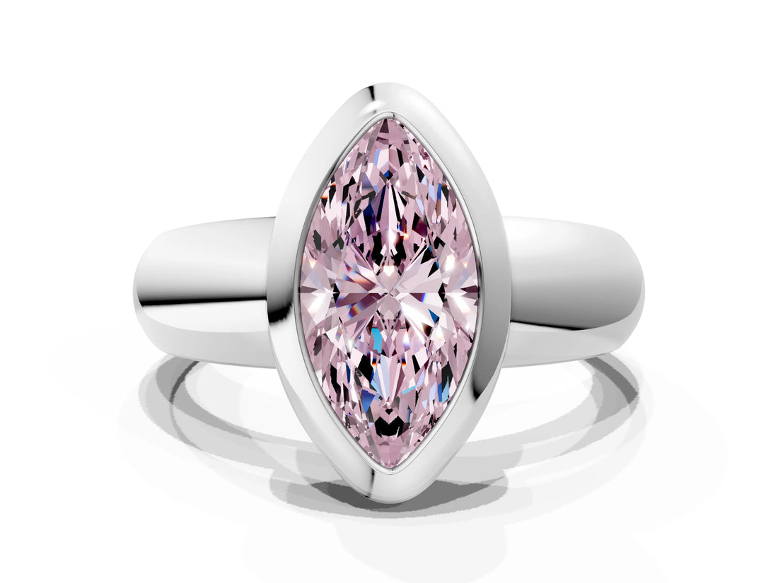 Silver Bezel Set Fancy Pink Marquise  Solitaire Ring with Wide Band 1