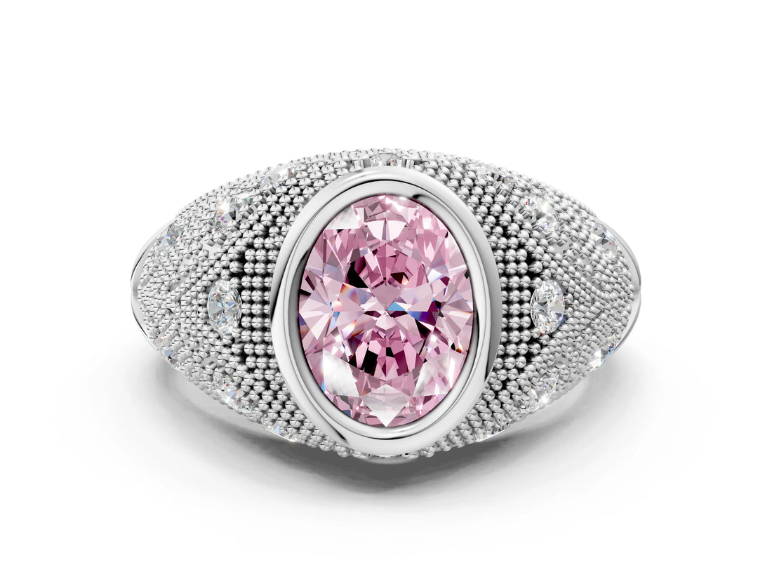Silver Bezel Set Fancy Pink Oval Cut Diamond Milgrain Band Ring_6