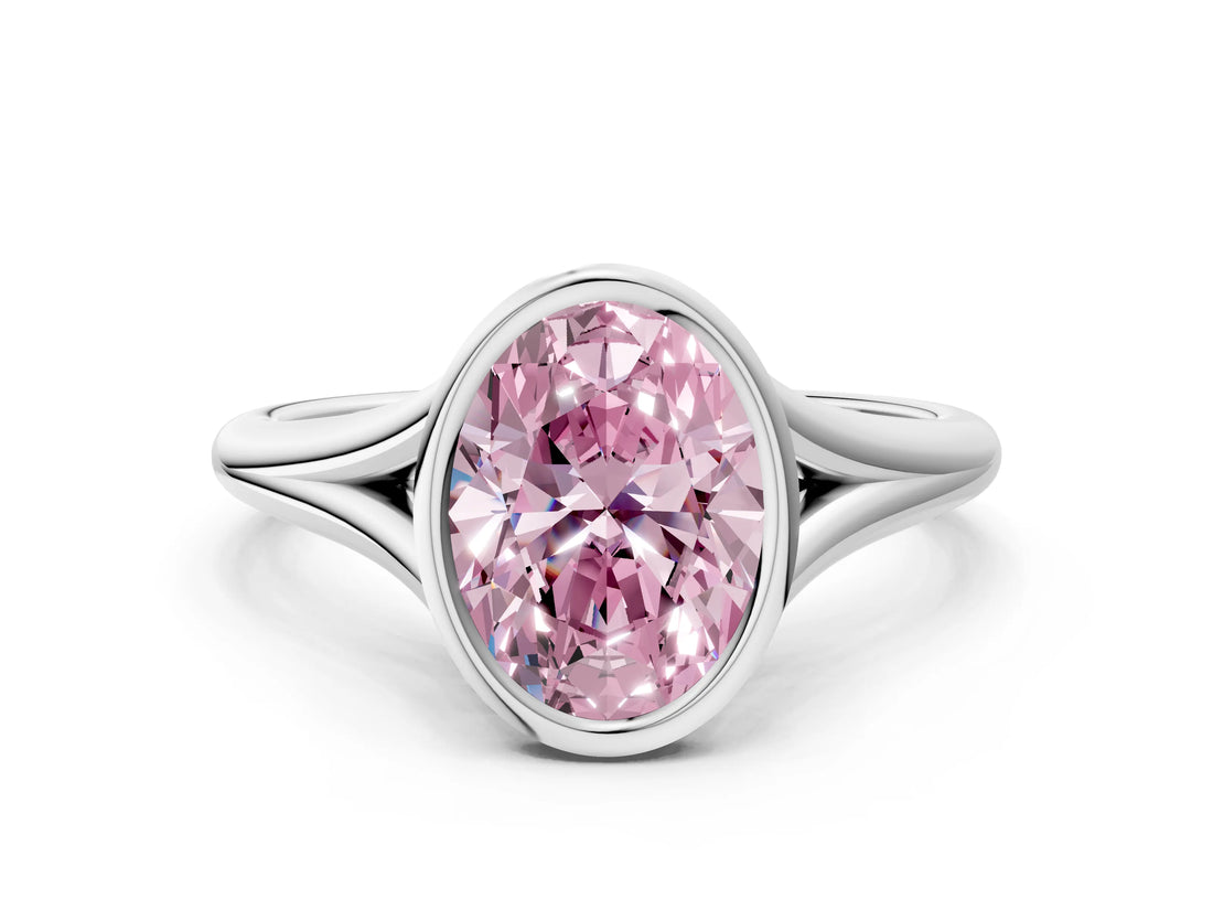 Silver Bezel Set Fancy Pink Oval  Cut Solitaire Ring with Tapered Band