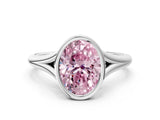 Silver Bezel Set Fancy Pink Oval  Cut Solitaire Ring with Tapered Band