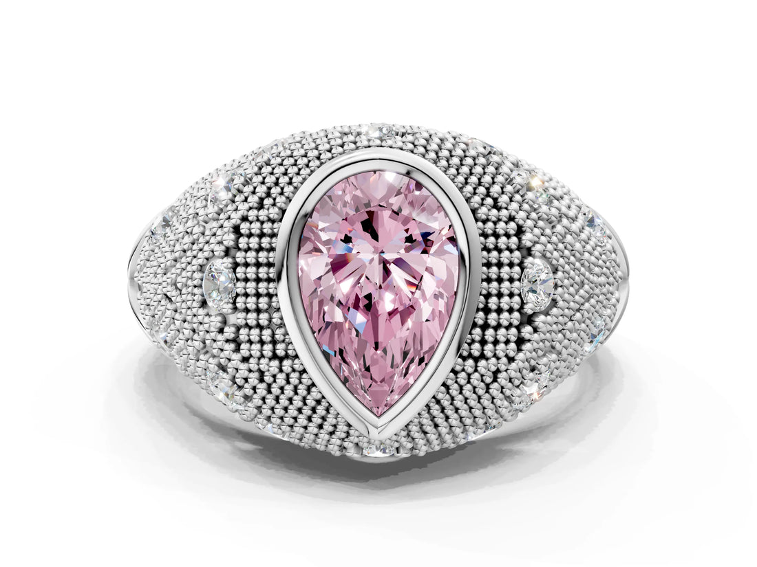 Silver Bezel Set Fancy Pink Pear Cut Diamond Milgrain Band Ring_6