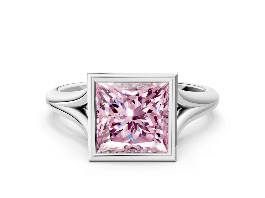 Silver Bezel Set Fancy Pink Princess  Cut Solitaire Ring with Tapered Band