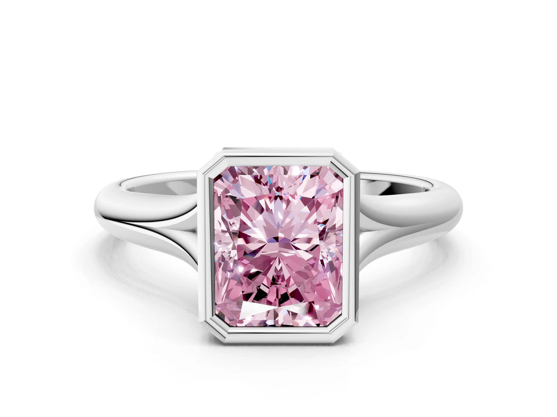 Silver Bezel Set Fancy Pink Radiant  Solitaire Diamond Ring with Smooth Band