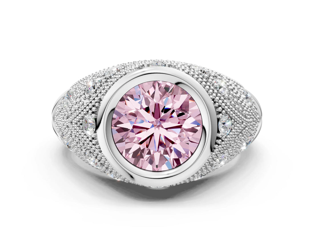 Silver Bezel Set Fancy Pink Round Cut Diamond Milgrain Band Ring_12