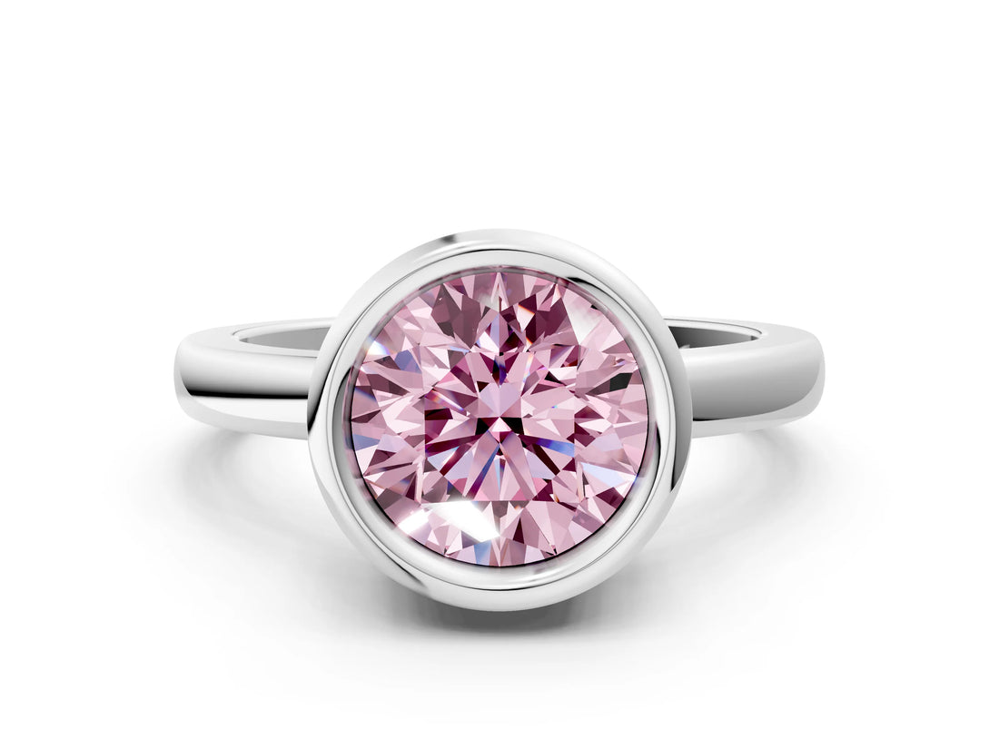 Silver Bezel Set Fancy Pink Round Cut Solitaire Engagement Ring with Classic Band_6